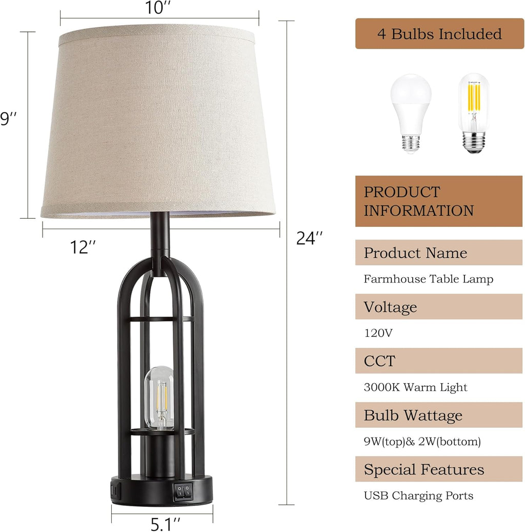USB Farmhouse Black Bedside Lamp — 24" - View 6