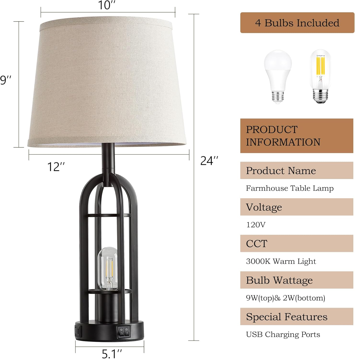 USB Farmhouse Black Bedside Lamp — 24" - View 6