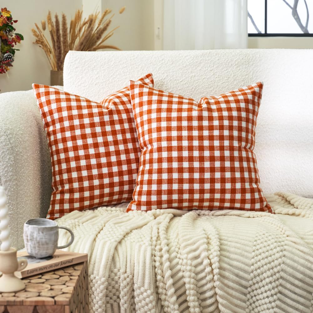 Farmhouse Beige Pillow Cover — 20" — Orange & White Gingham Set of 2