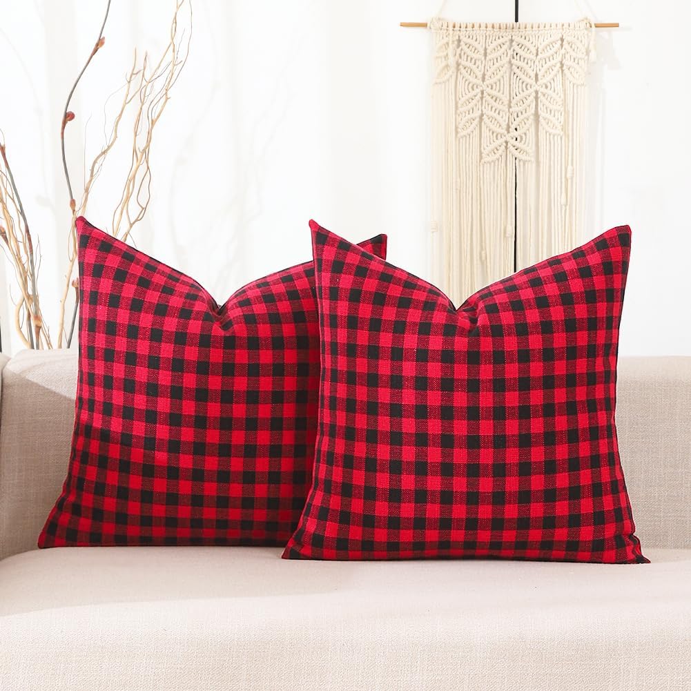 Farmhouse Beige Pillow Cover — 20" — Red & Black Gingham Set of 2