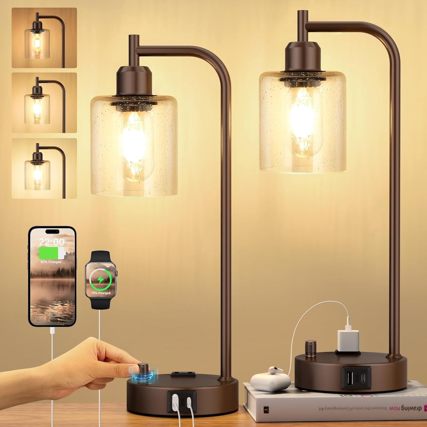Dimmable Brown Bedside Lamp — Set of 2 — Brown