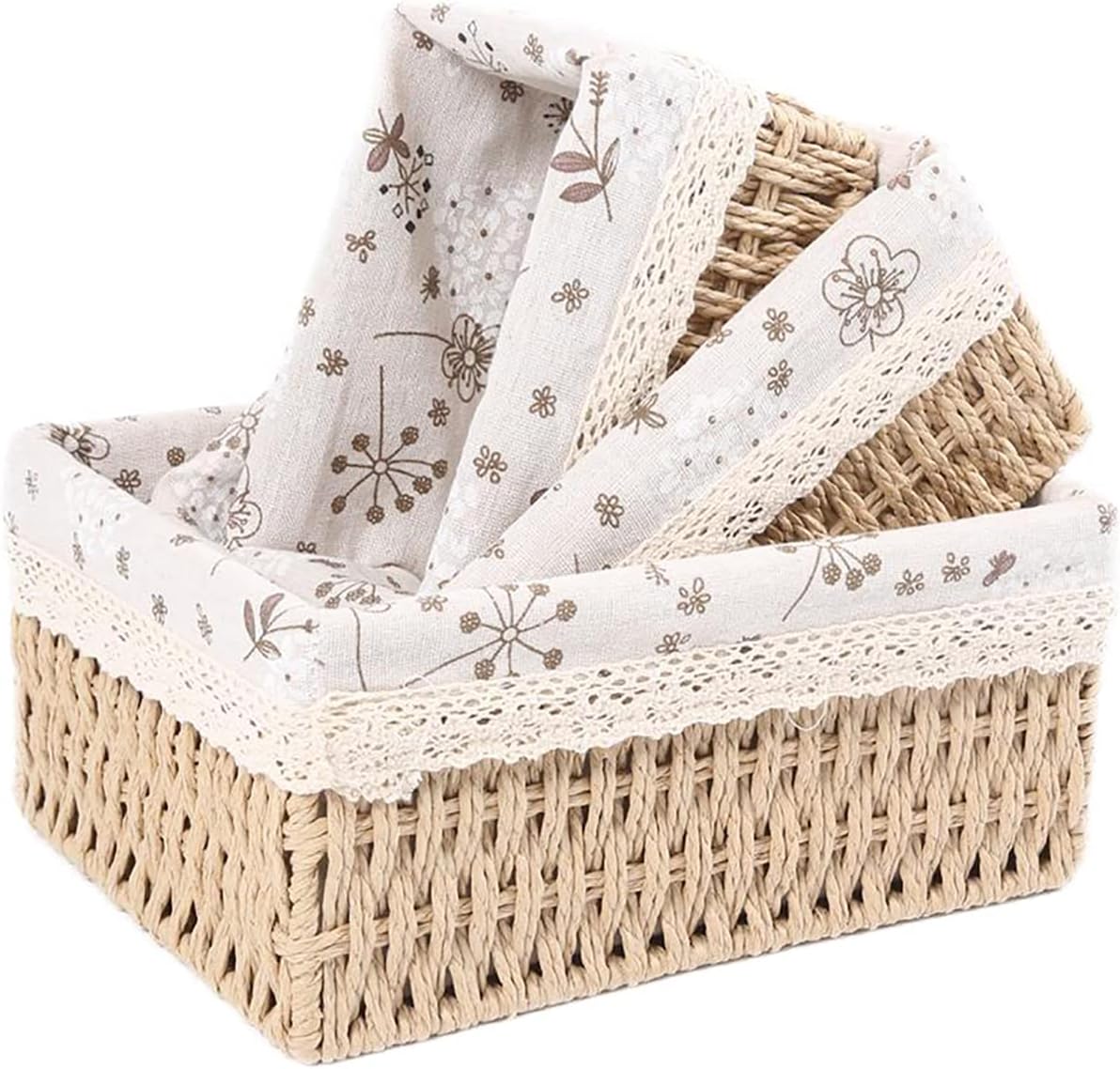 Rectangular Boho Beige Storage Basket — Set of 3 — Beige