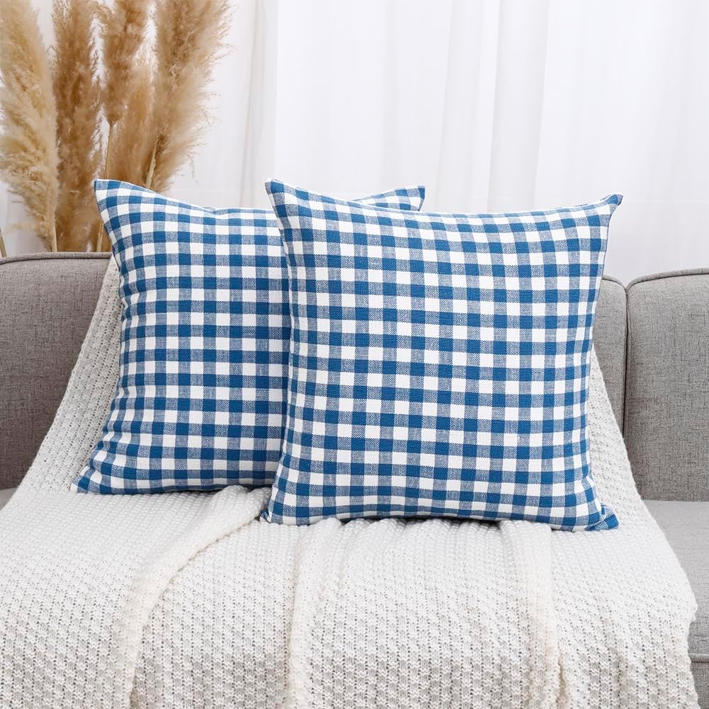 Farmhouse Beige Pillow Cover — 20" — Blue & White Gingham Set of 2