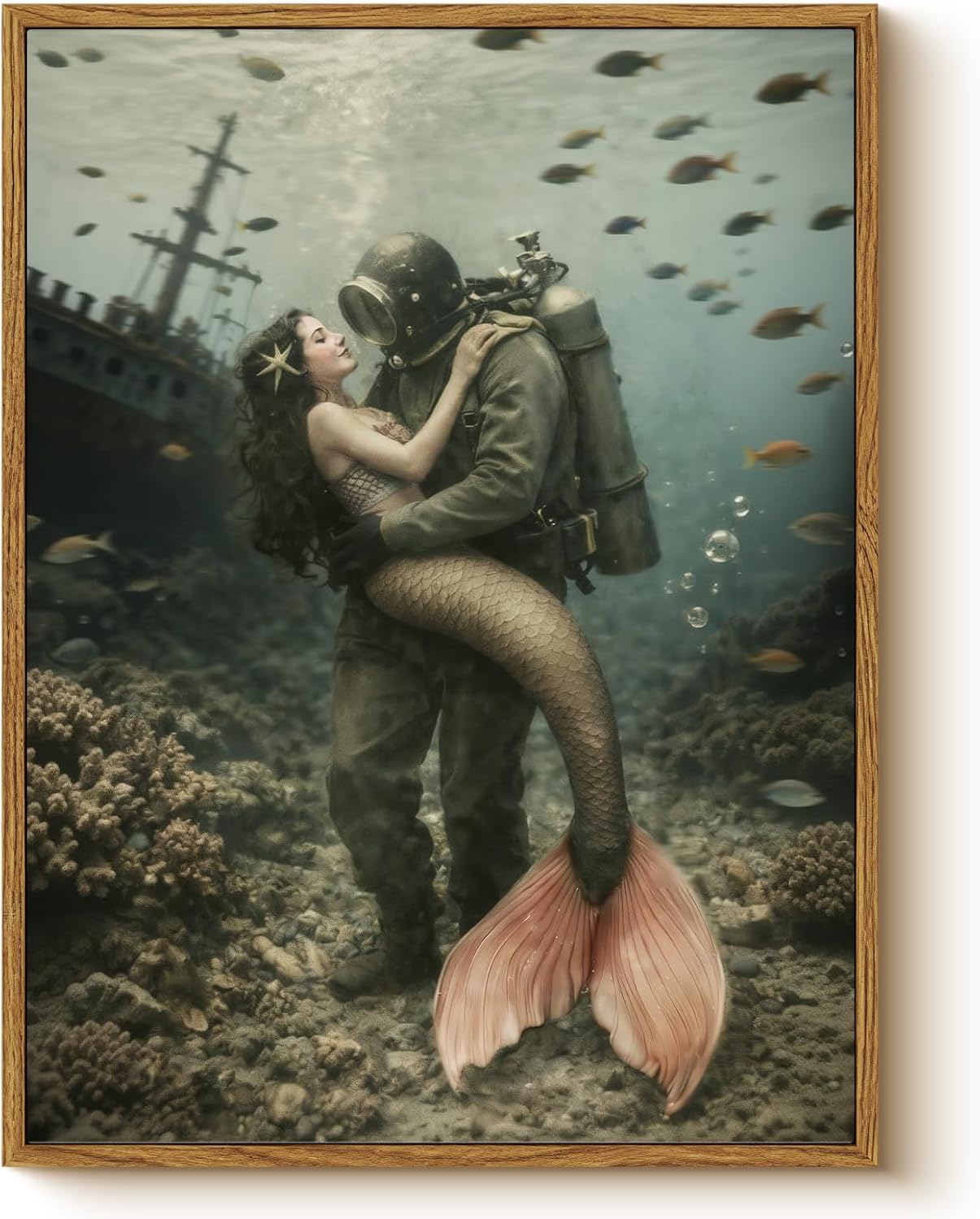 Vintage Orange Framed Wall Art — 16" — Mermaid Love