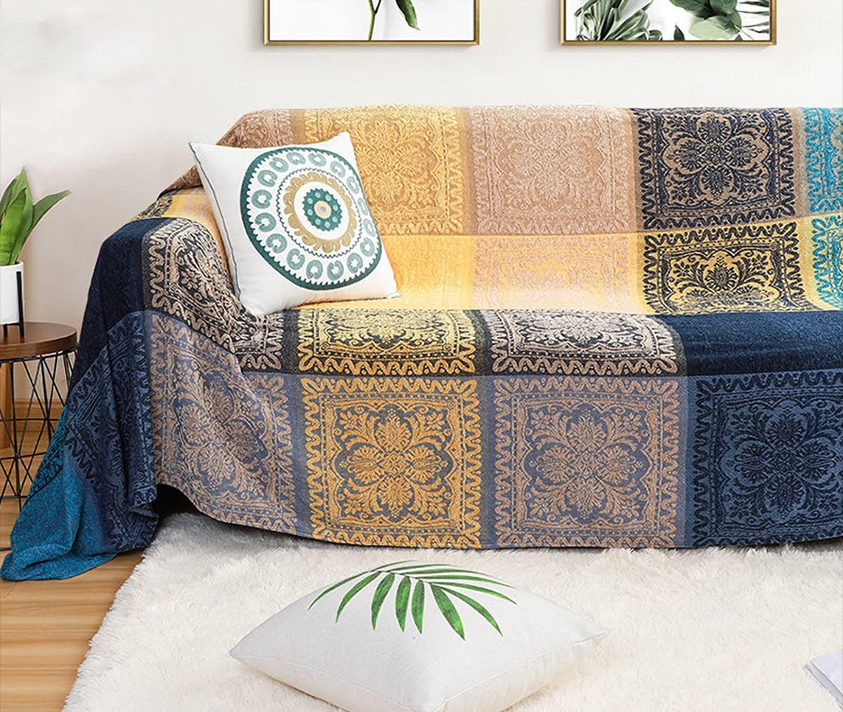 Chenille Boho Beige Throw Pillow — 60" — Grey Navy Teal Yellow