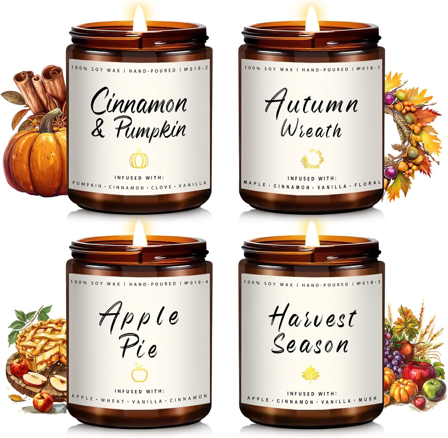 Soy Wax Scented Candle — Set of 4 — 4 Pack-Apple Pie/Cinnamon/Harvest/Wreath