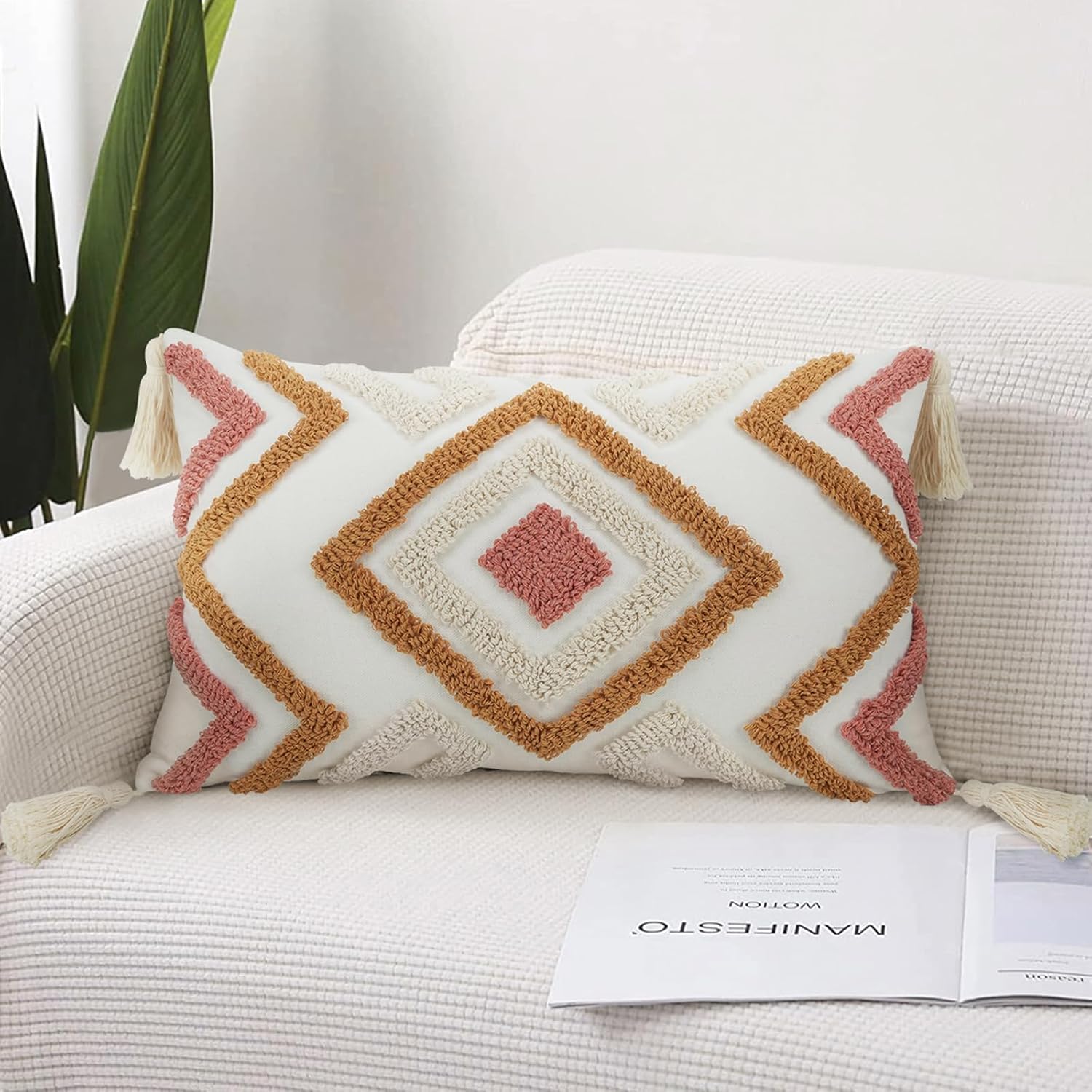 Embroidered Boho Orange Throw Pillow Cover — 20" — Orange and Pink
