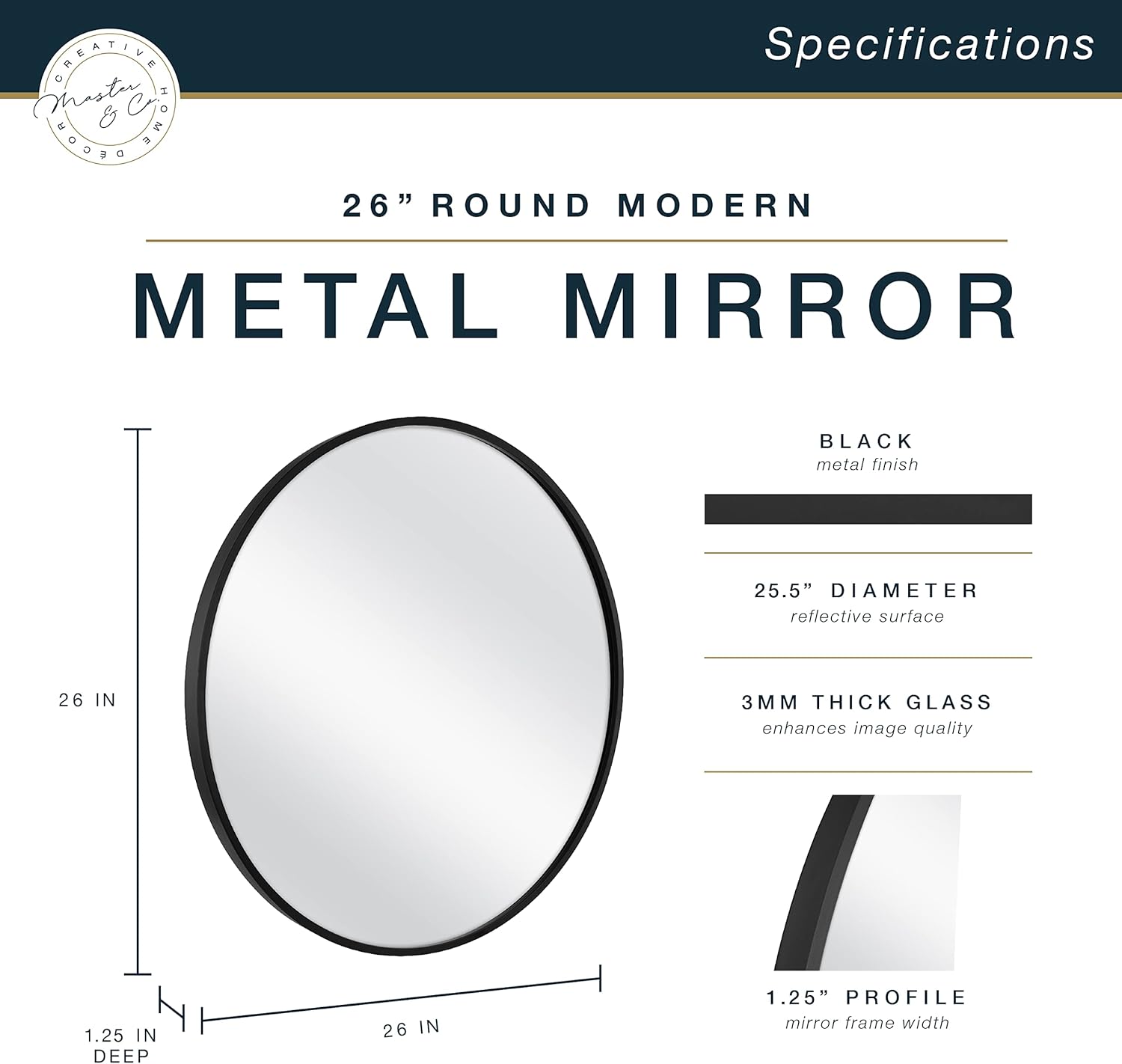 Round Modern Black Mirror — 26" - View 3