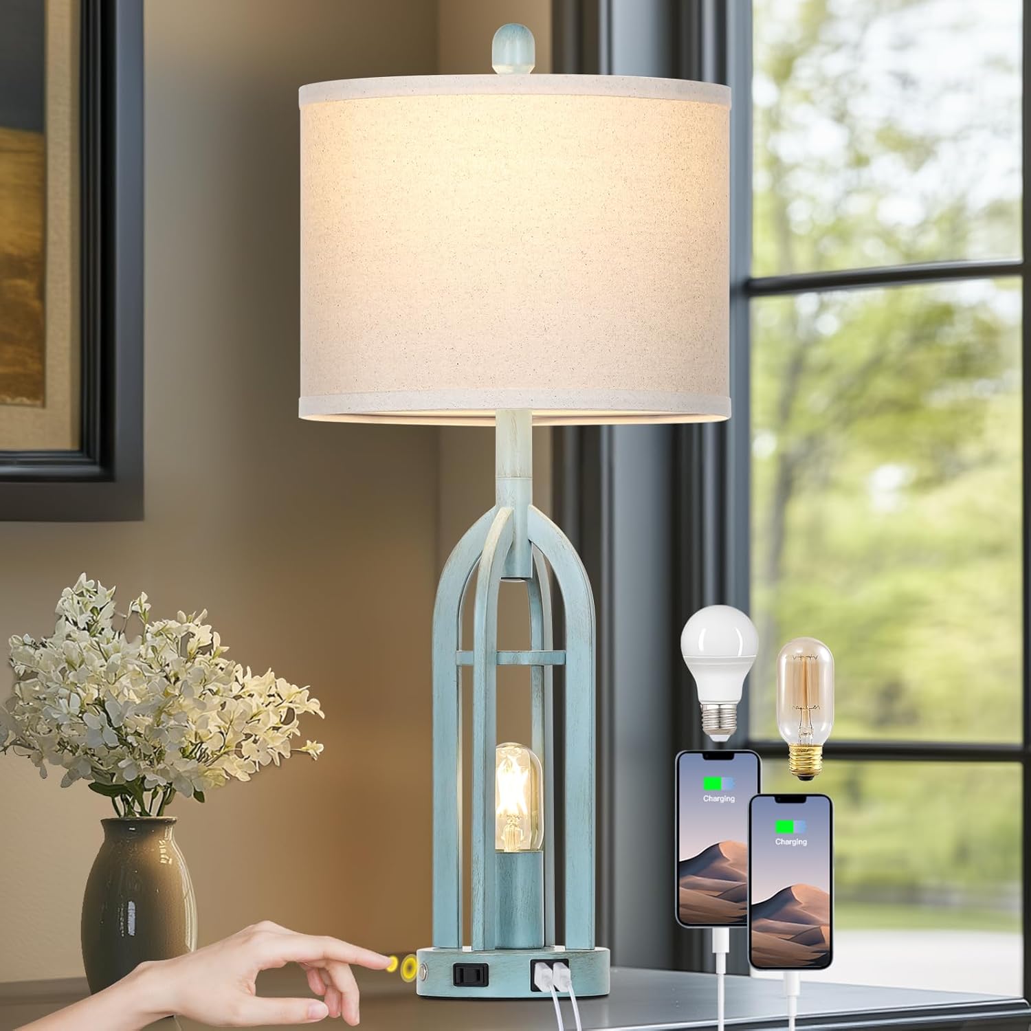 USB Farmhouse Black Bedside Lamp — 27" — Blue-Single