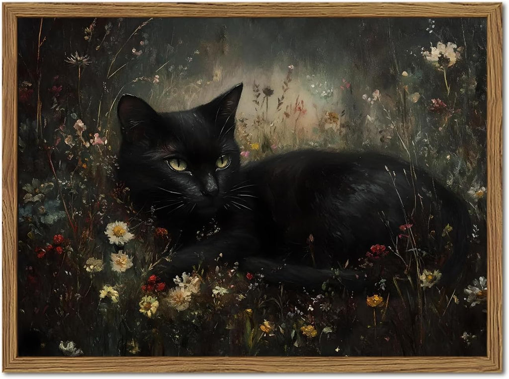 Framed Black Canvas Wall Art — 16" — Dark Academia Black Cat
