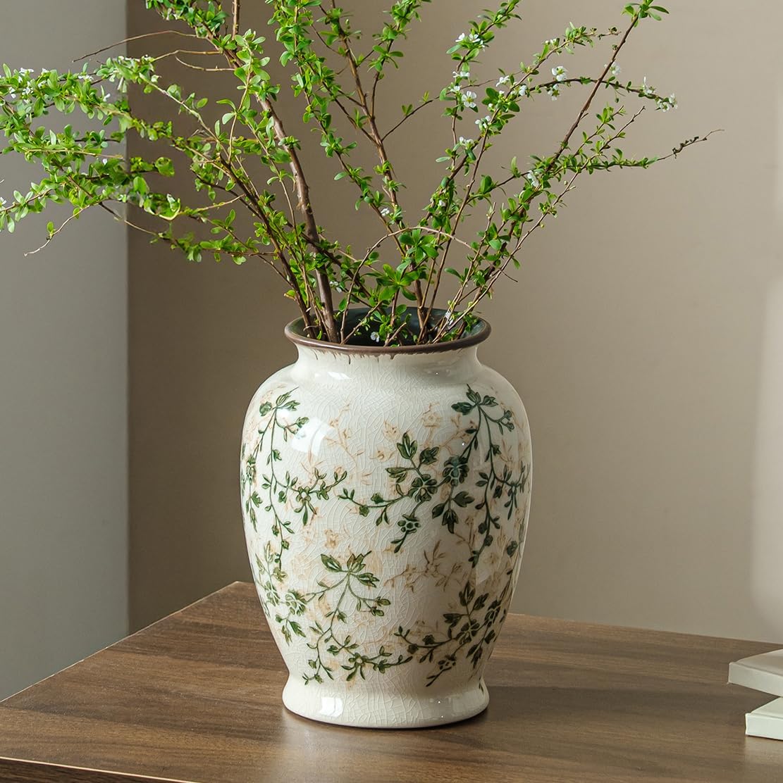 Vintage Farmhouse Beige Vase — 8" — 08-green and Beige