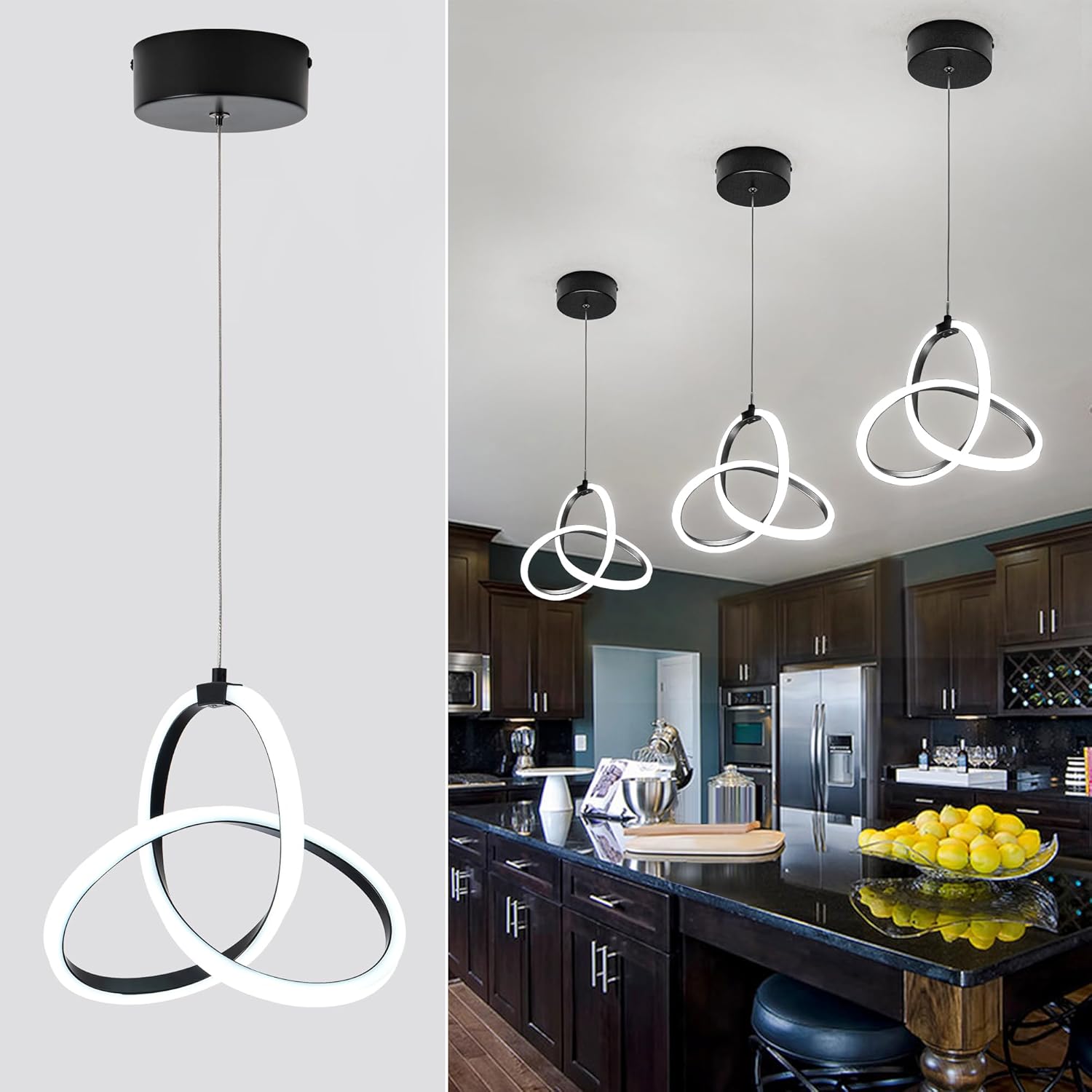 Adjustable Modern Black Pendant Light — Black Flower 6000K