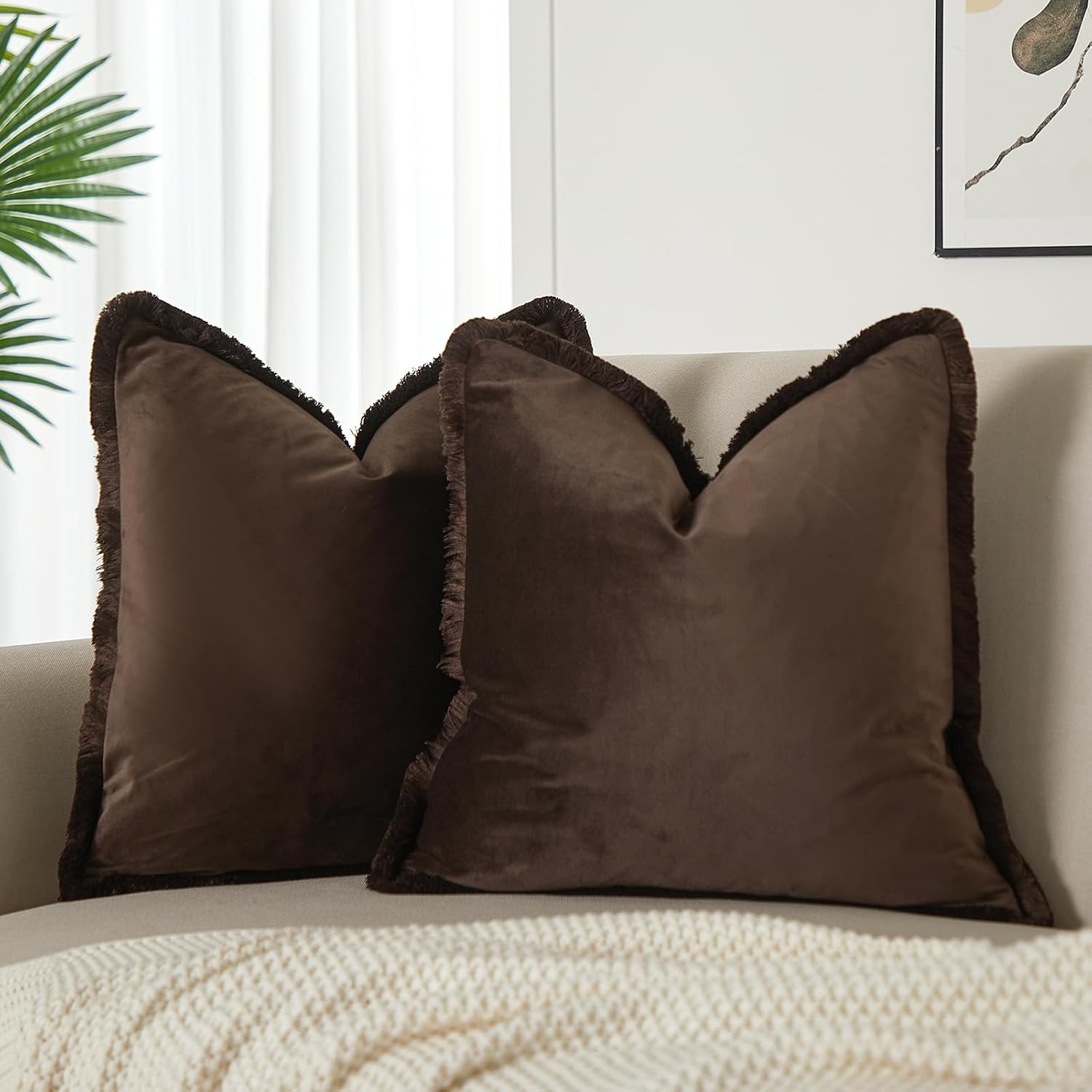 Velvet Boho Beige Throw Pillow Cover — 26" — Coffee