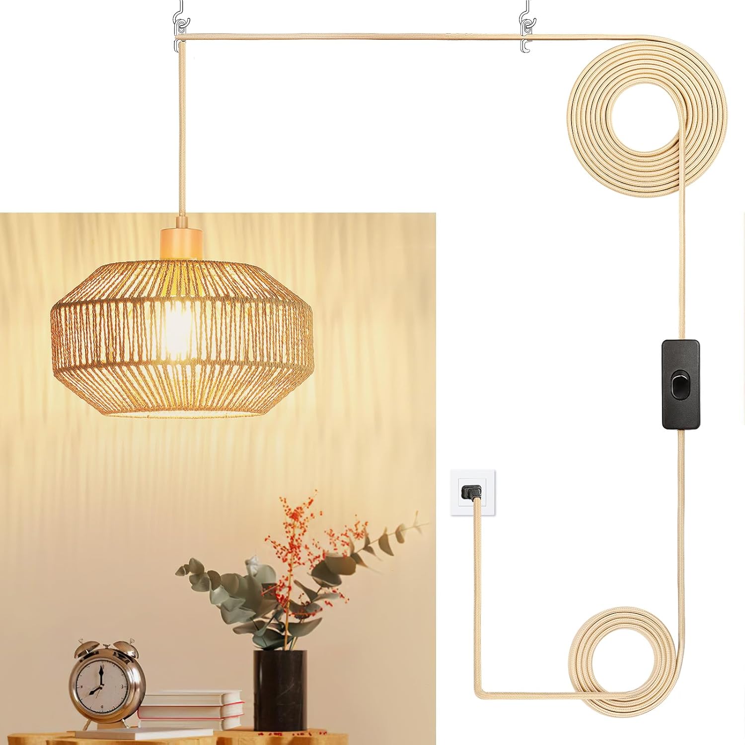Dimmable Boho Fabric Pendant Light — Woven Hexagon/1