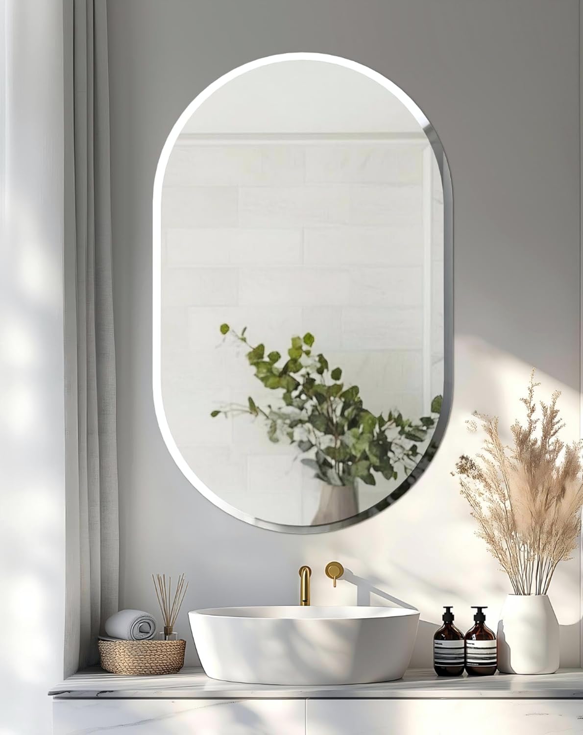 Beveled Beige Wall Mirror — 32" — Silver-oblong Oval