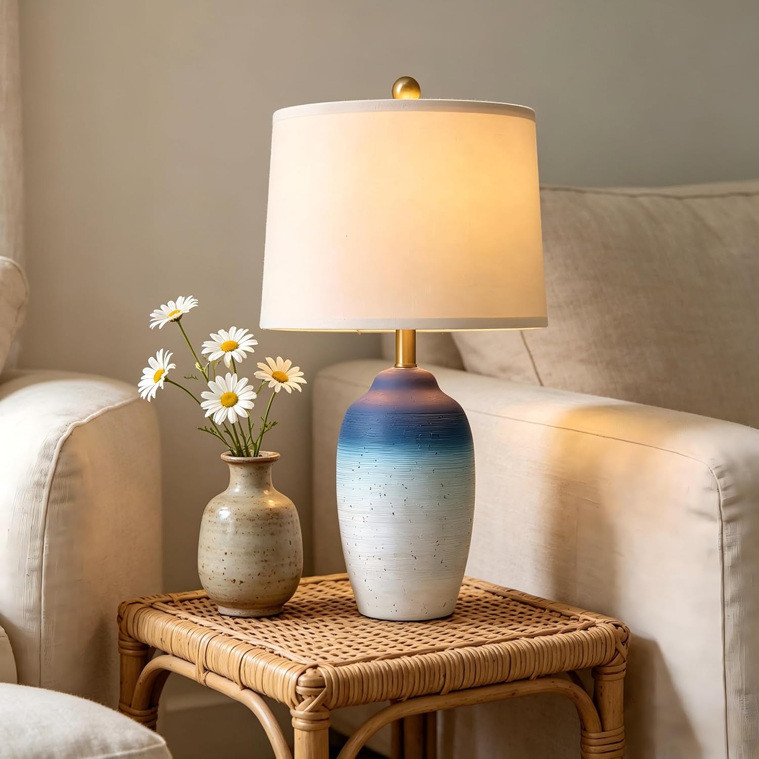 Vintage Farmhouse Beige Bedside Lamp — 24.5" — Office White & Blue