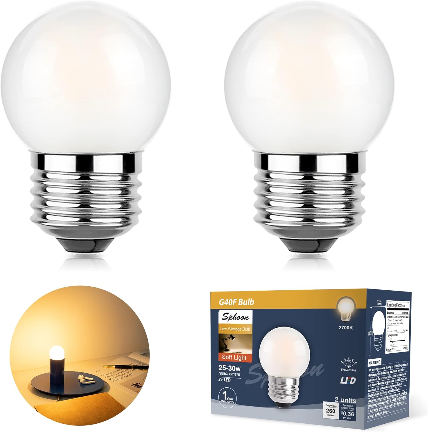 Dimmable Metal LED Bulb — 2pcs 3w= 25w 2700k Frosted