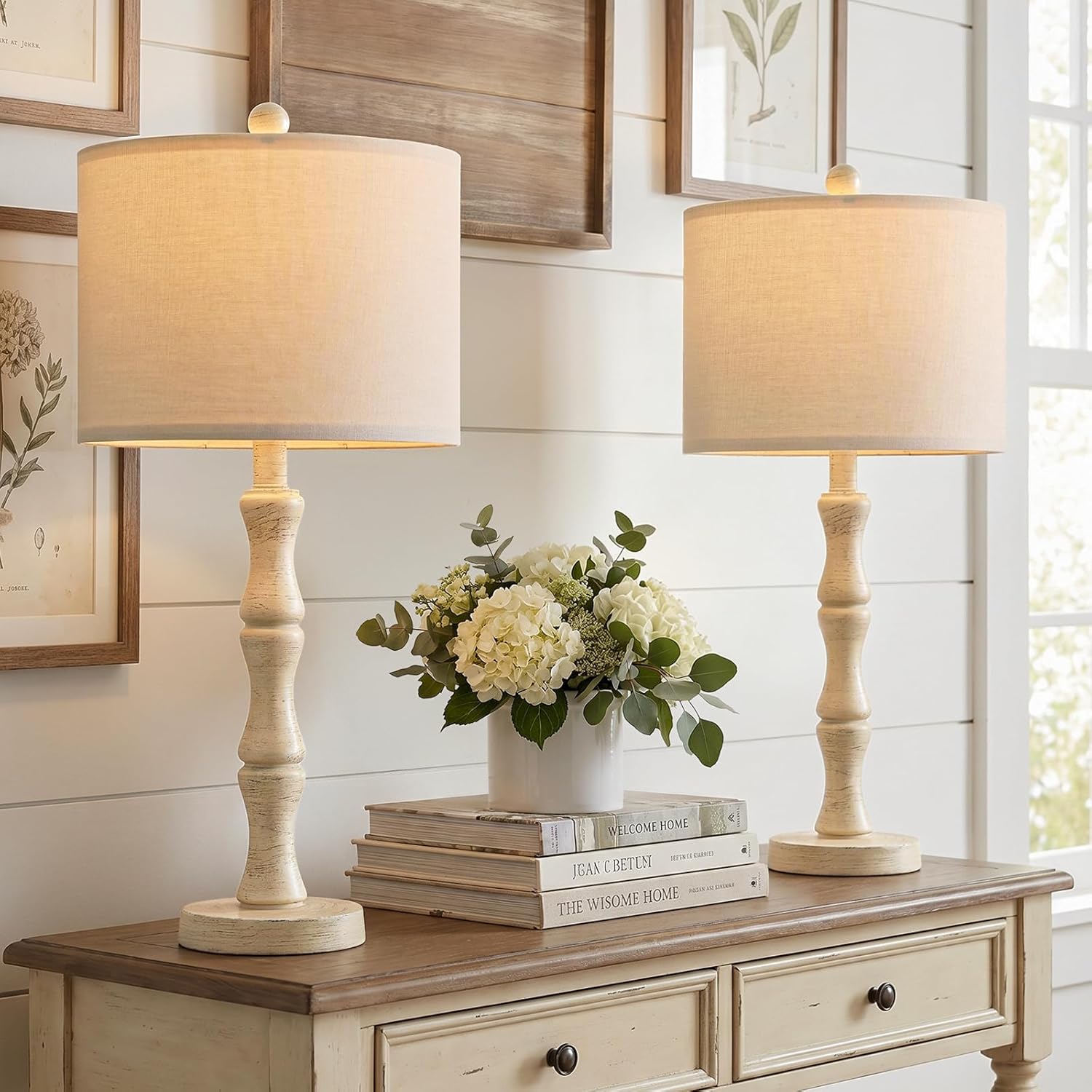 Linen Farmhouse Brown Bedside Lamp — 20.5" — MEDIUM 25“-Antique White