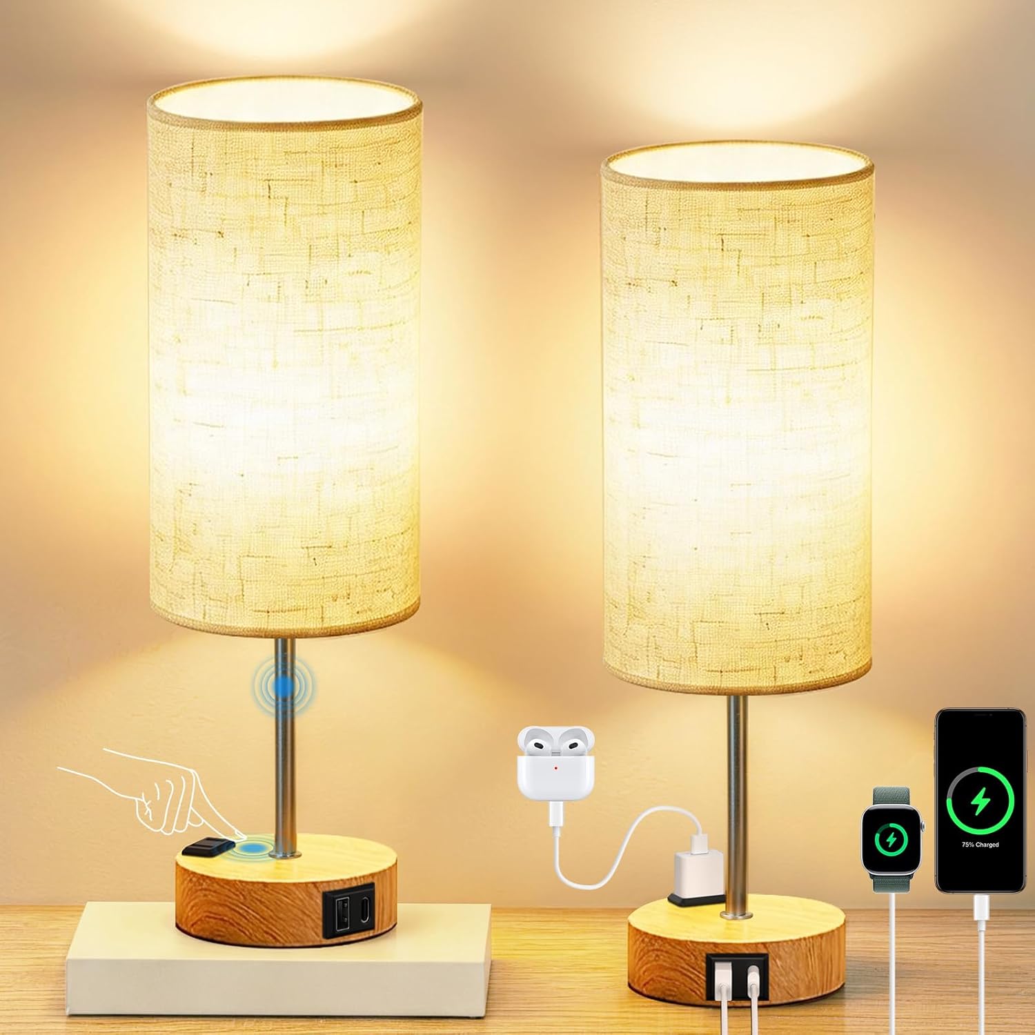 Dimmable Beige Bedside Lamp — Warm&Wooden