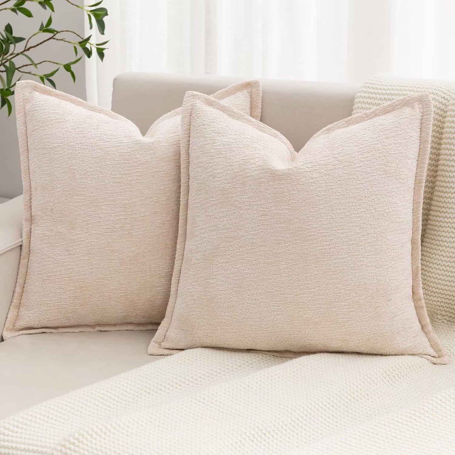 Chenille Boho Beige Throw Pillow Cover — 18" — Beige