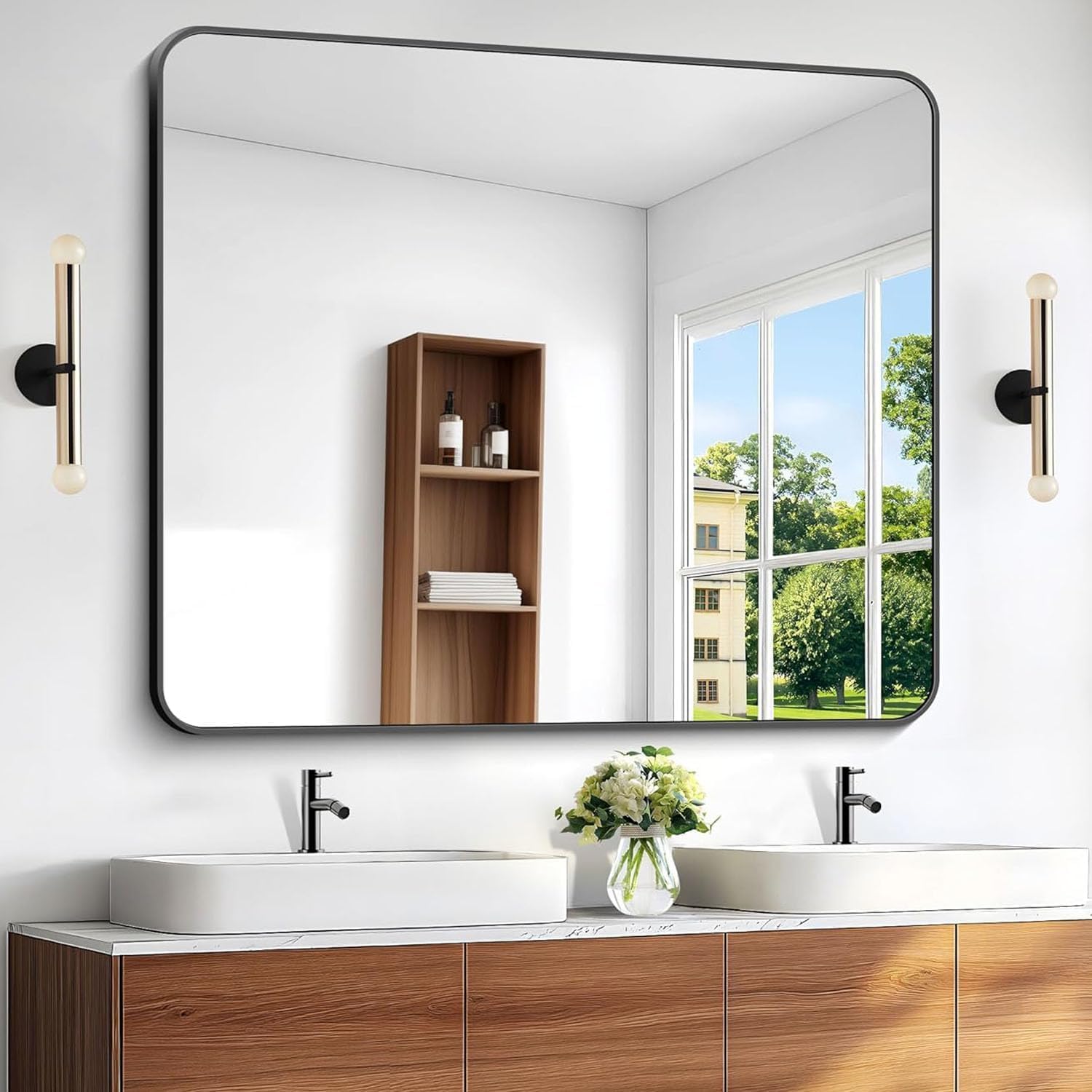 Round Luxe Beige Wall Mirror — 60" — Black Rounded Rectangle
