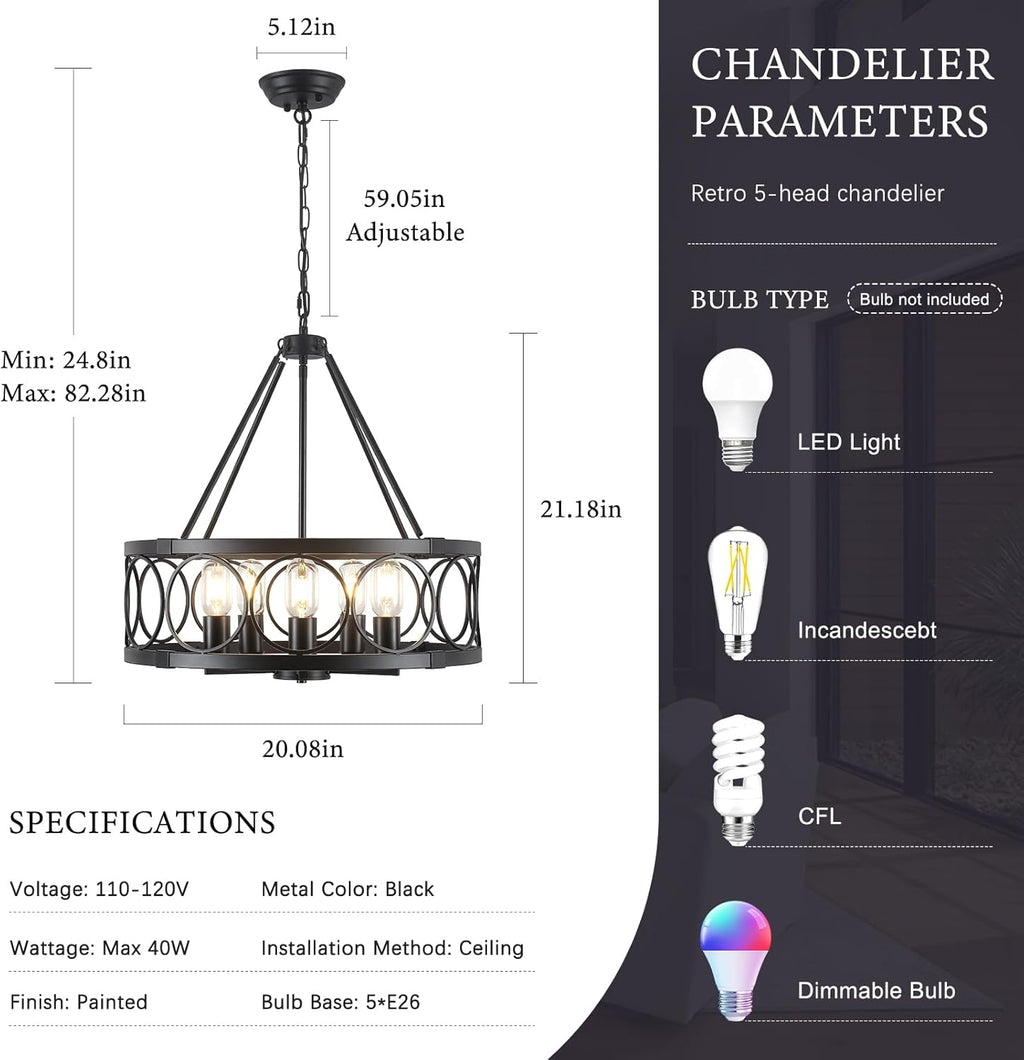 Round Farmhouse Black Chandelier — 5-Light - View 3