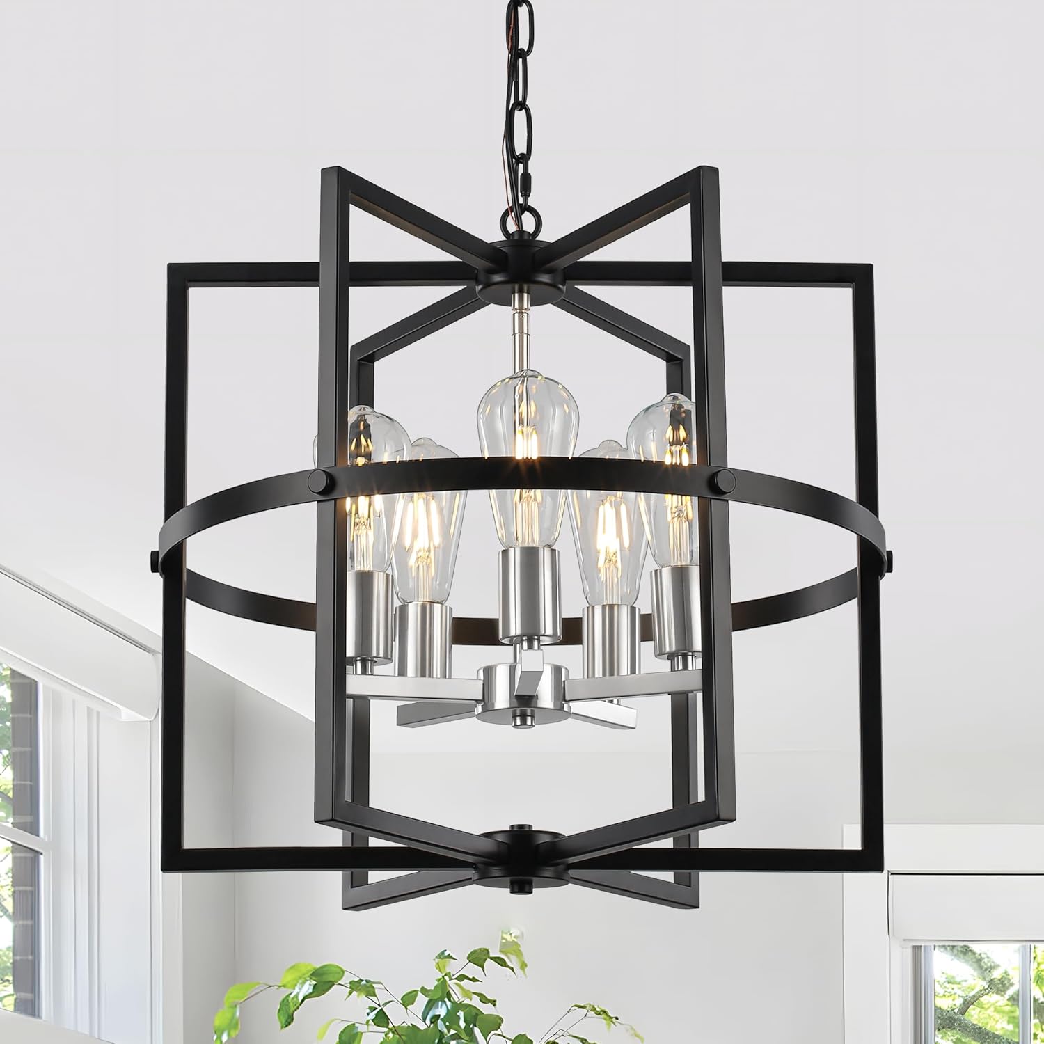 Farmhouse Black Chandelier — 5-Light — 5-Light Black&Brushed Nickel