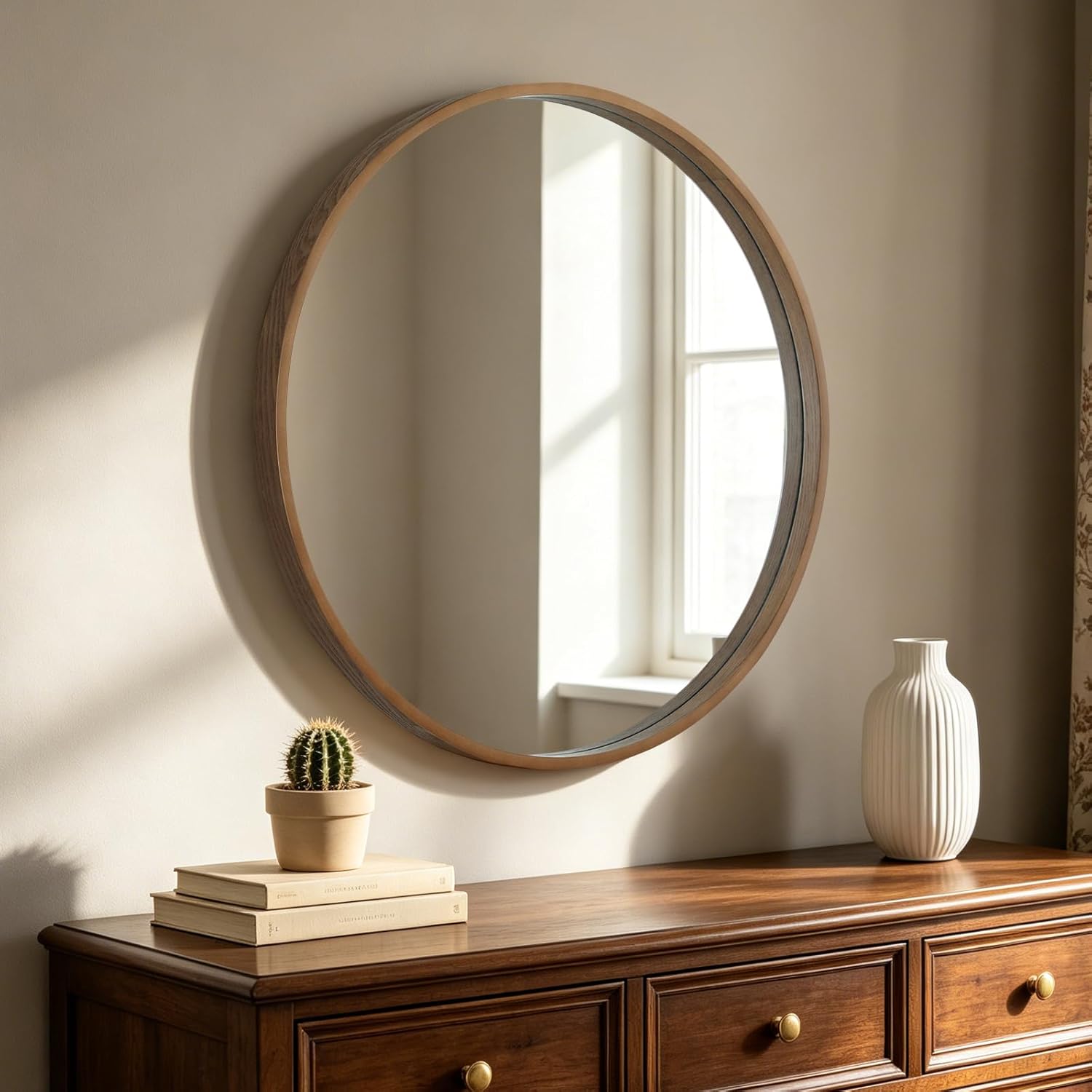 Framed Farmhouse Beige Wall Mirror — 24" — Walnut