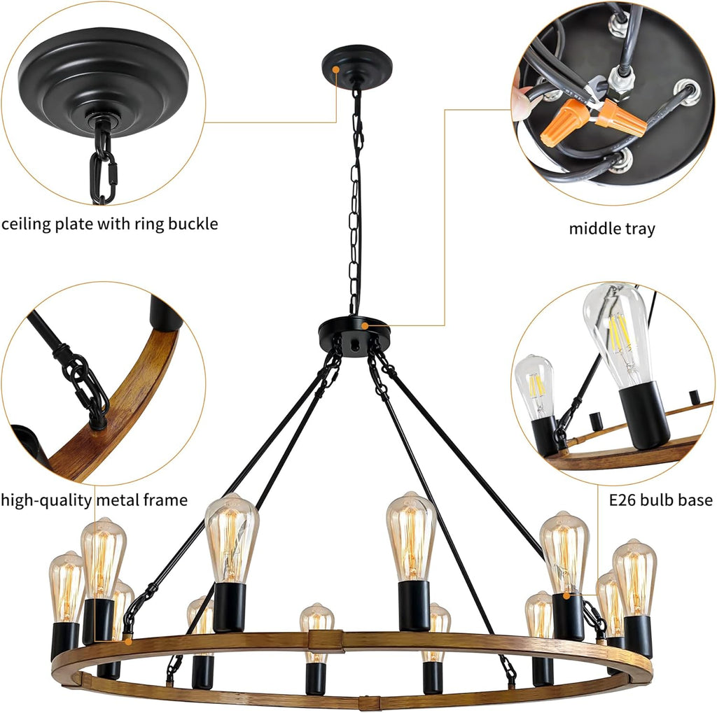 Round Farmhouse Black Chandelier — 12-Light - View 5
