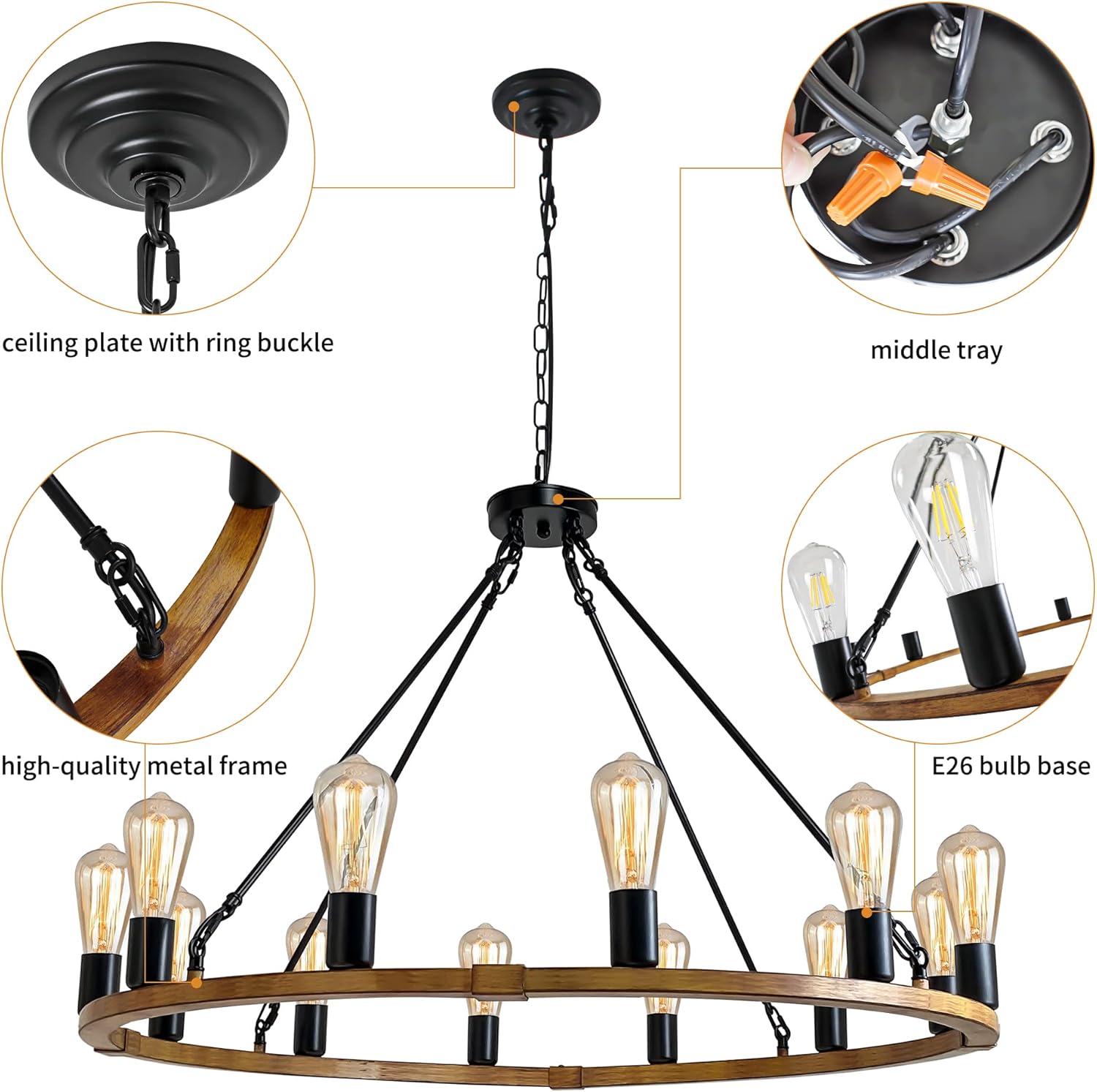 Round Farmhouse Black Chandelier — 12-Light - View 5