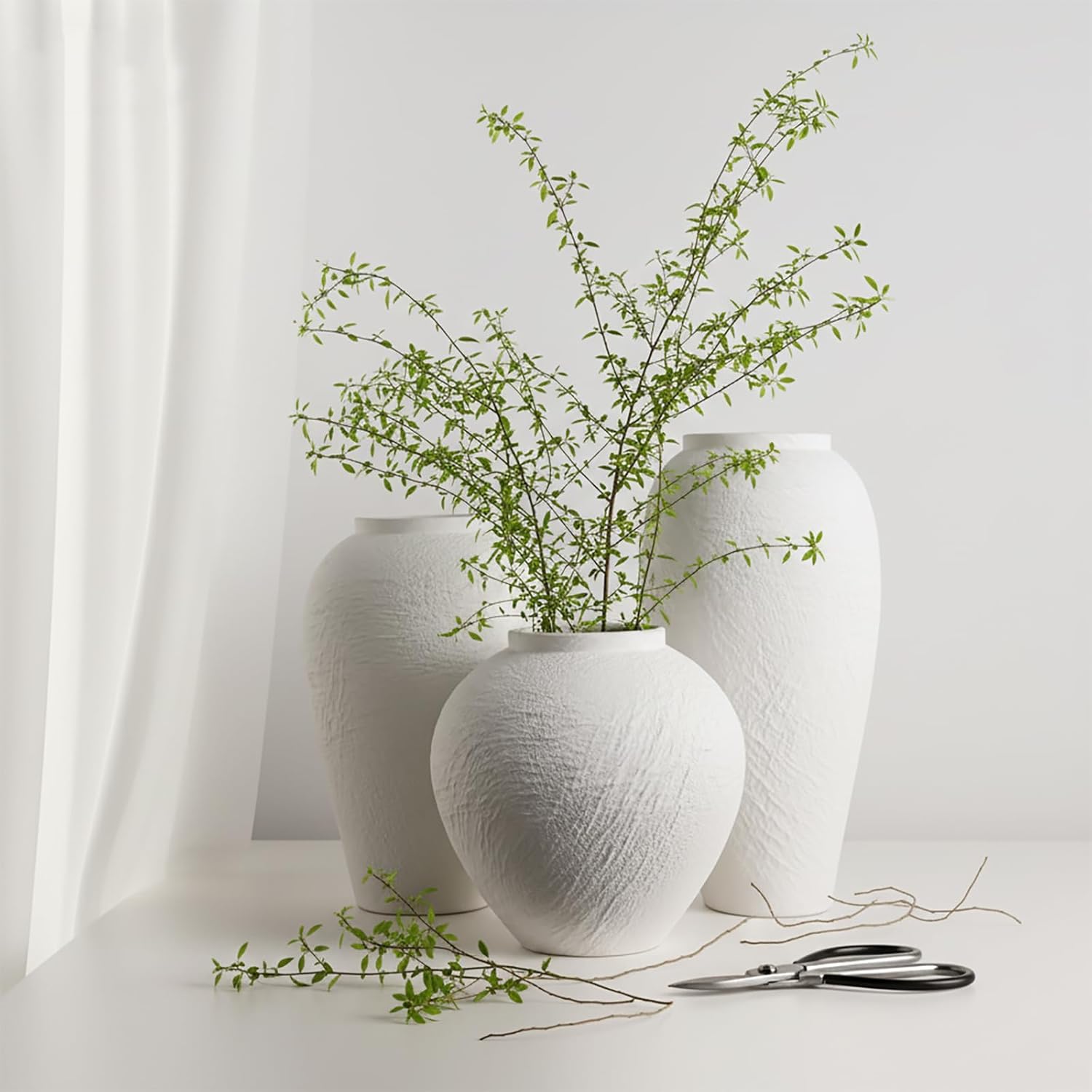 Vintage Farmhouse Ceramic Flower Vase — 12.6" — White Texture Set of 3