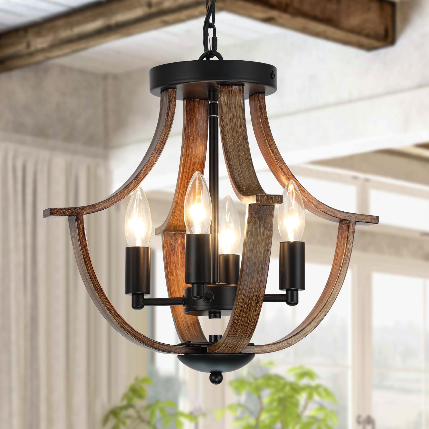 Vintage Farmhouse Black Chandelier — 4-Light — Black+Faux Wood-D4