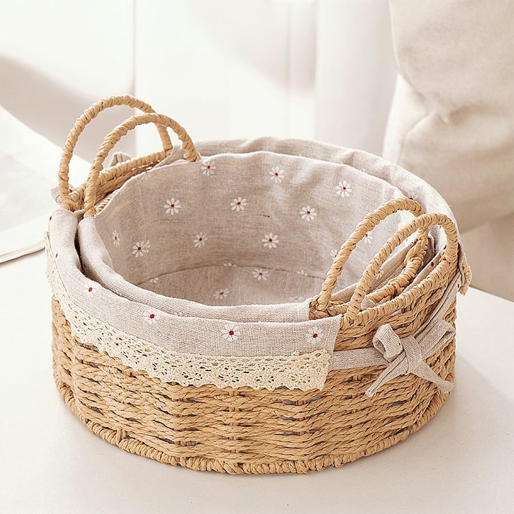 Oval Boho Beige Woven Basket — Set of 2 — Beige-Round