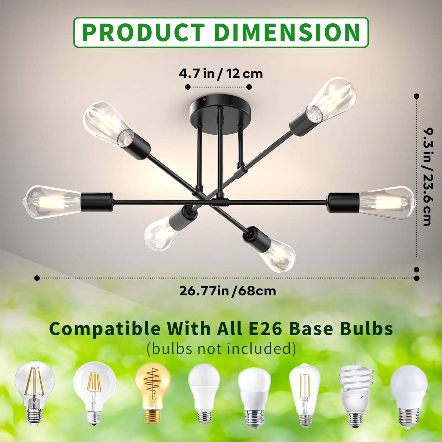 Mid-Century Black Chandelier — 6-Light - View 2