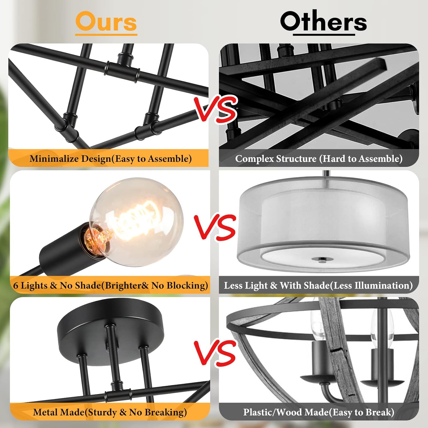 Modern Black Chandelier — 6-Light - View 3
