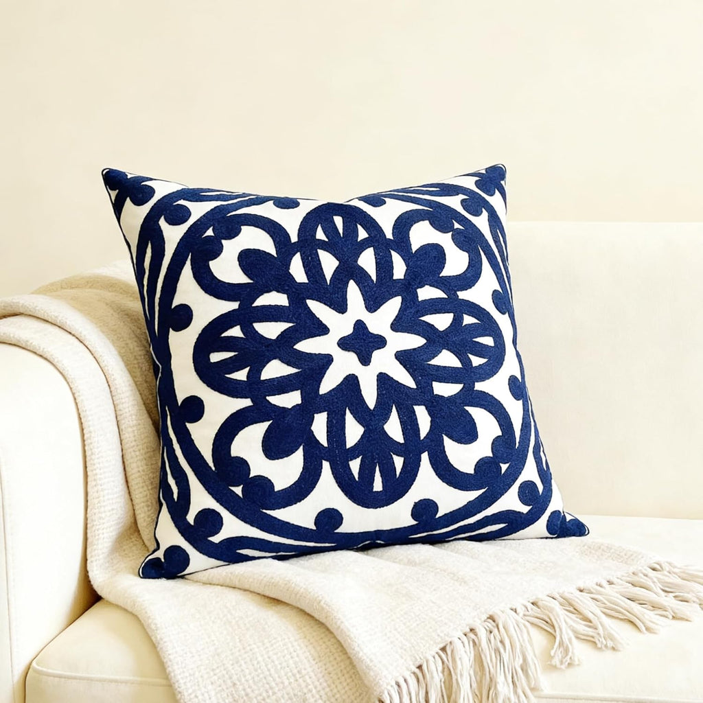 Embroidered Boho Beige Throw Pillow Cover — 18" - View 3