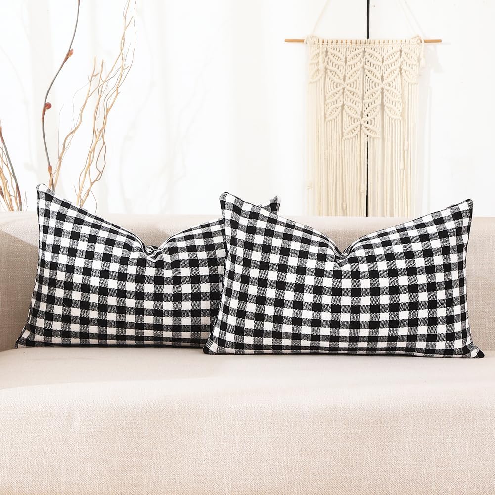 Farmhouse Beige Pillow Cover — 20" — Black & White Gingham Set of 2