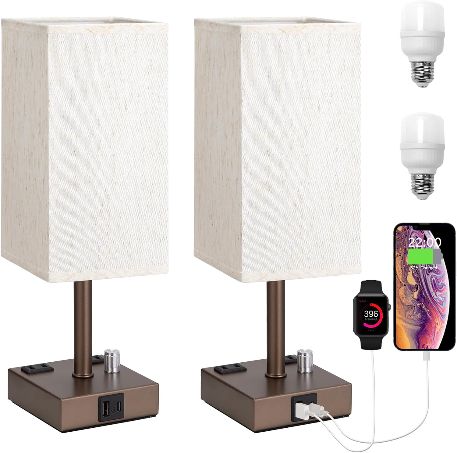 Dimmable Beige Bedside Lamp — Set of 2 — Brown