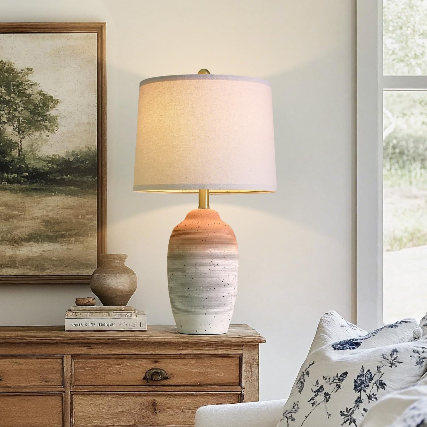 Vintage Farmhouse Beige Bedside Lamp — 24.5" — 24.5" White&Brown-1
