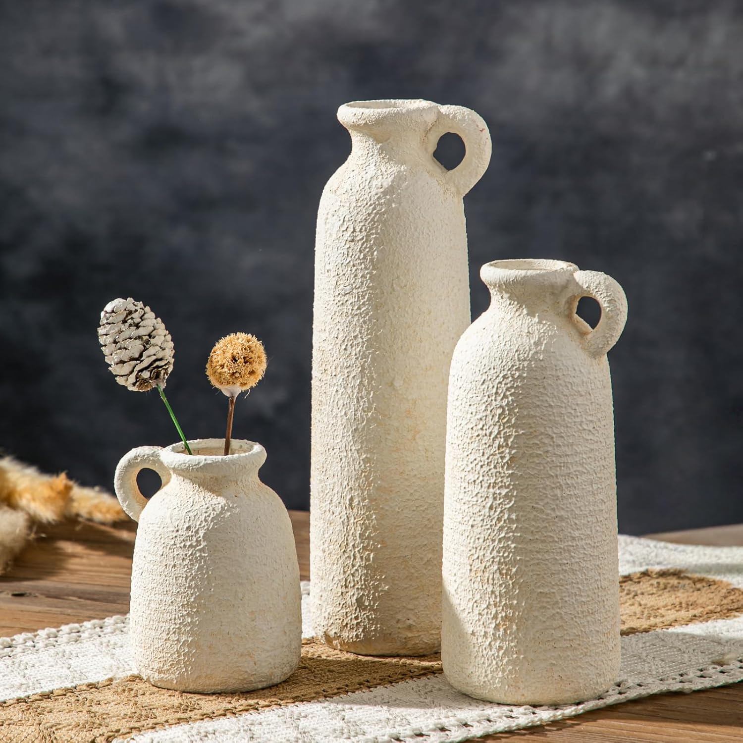 Farmhouse Blue Flower Vase — Set of 3 — Rustic White