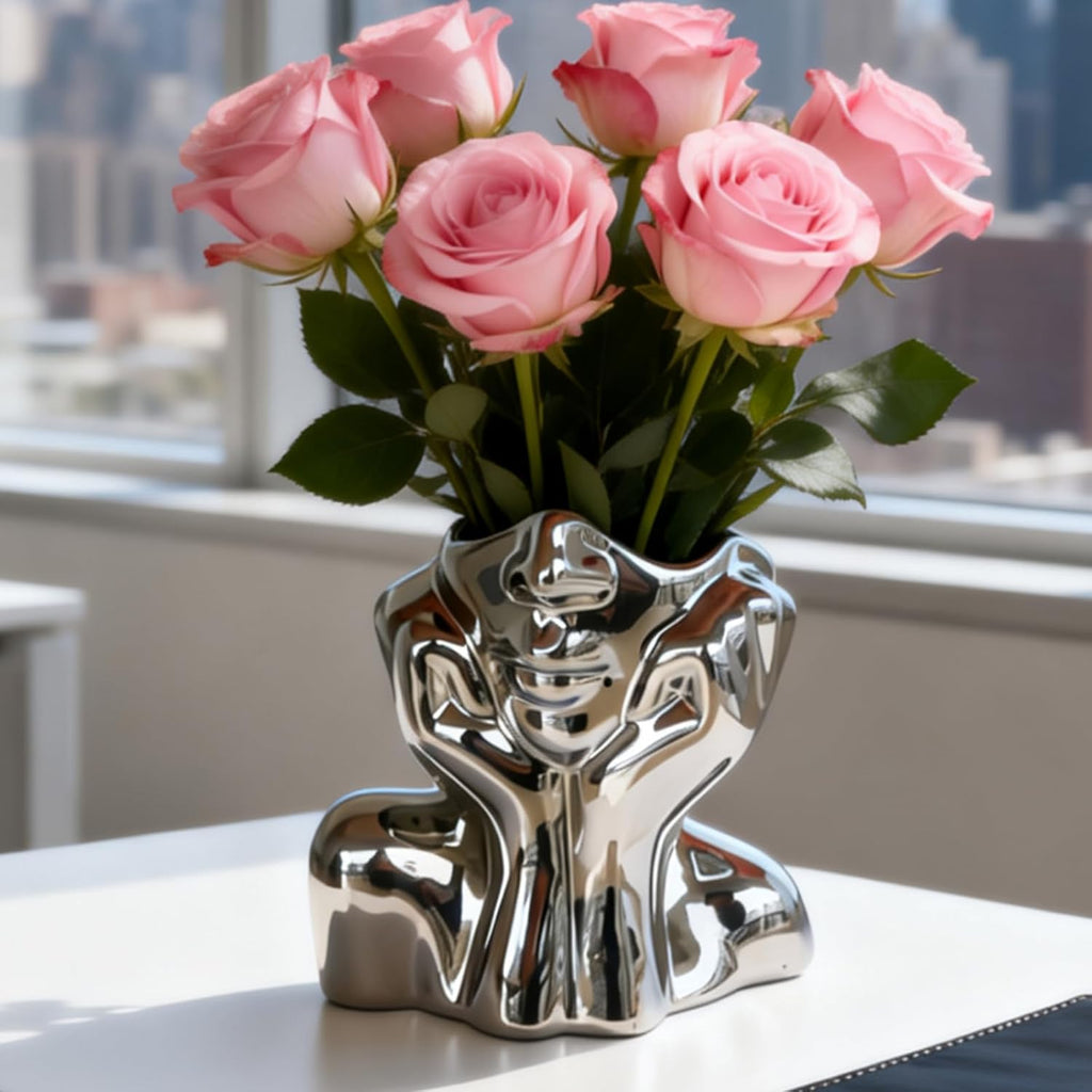 Modern Ceramic Flower Vase — Silver Hands on Cheeks