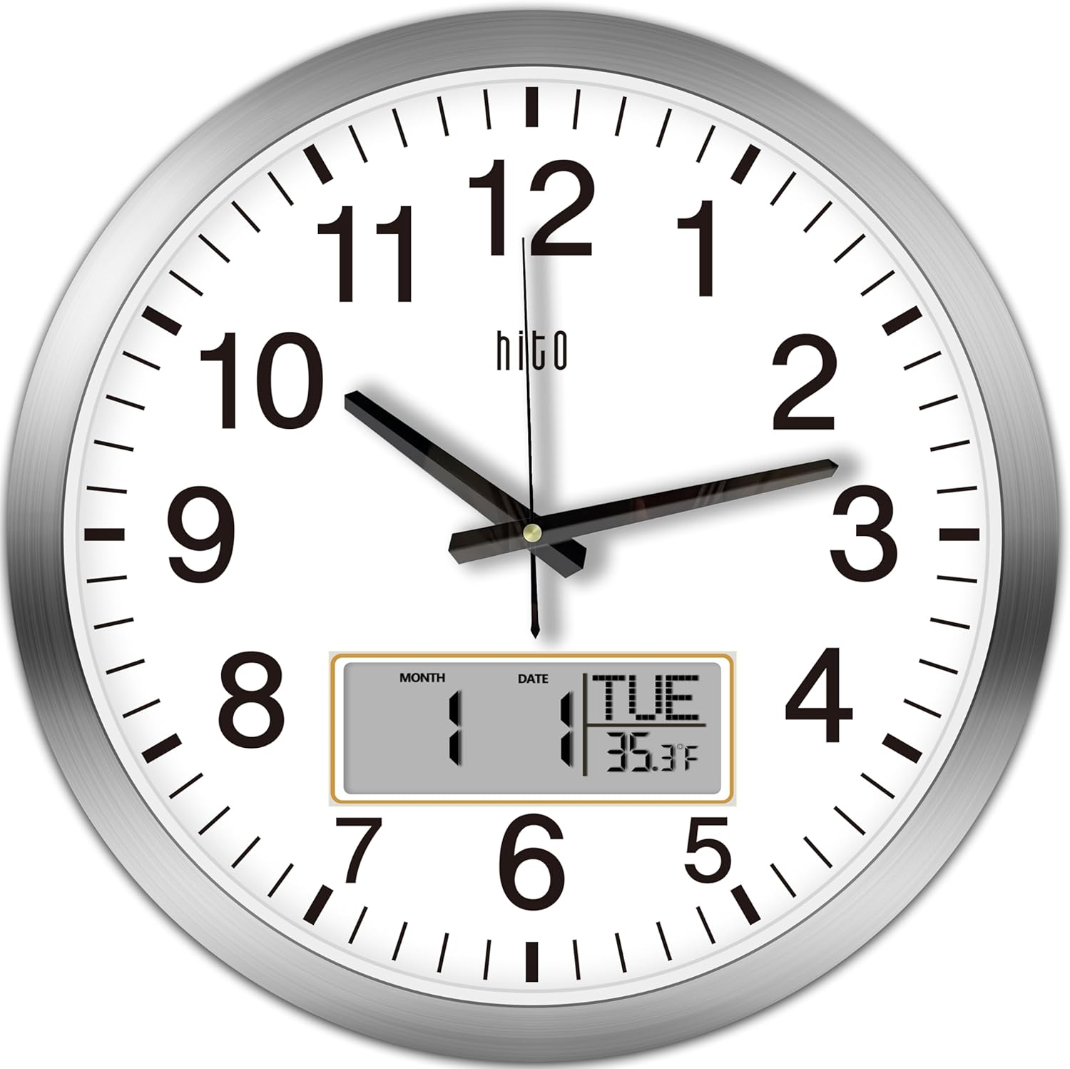 Battery Operated Black Wall Clock — 14" — Silver Lcd