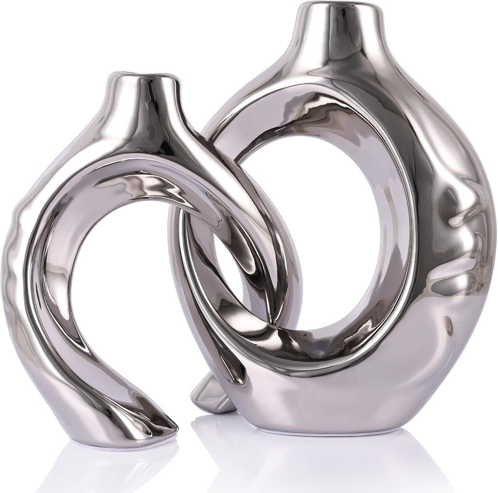 Round Luxe Blue Vase — Set of 2 — Silver