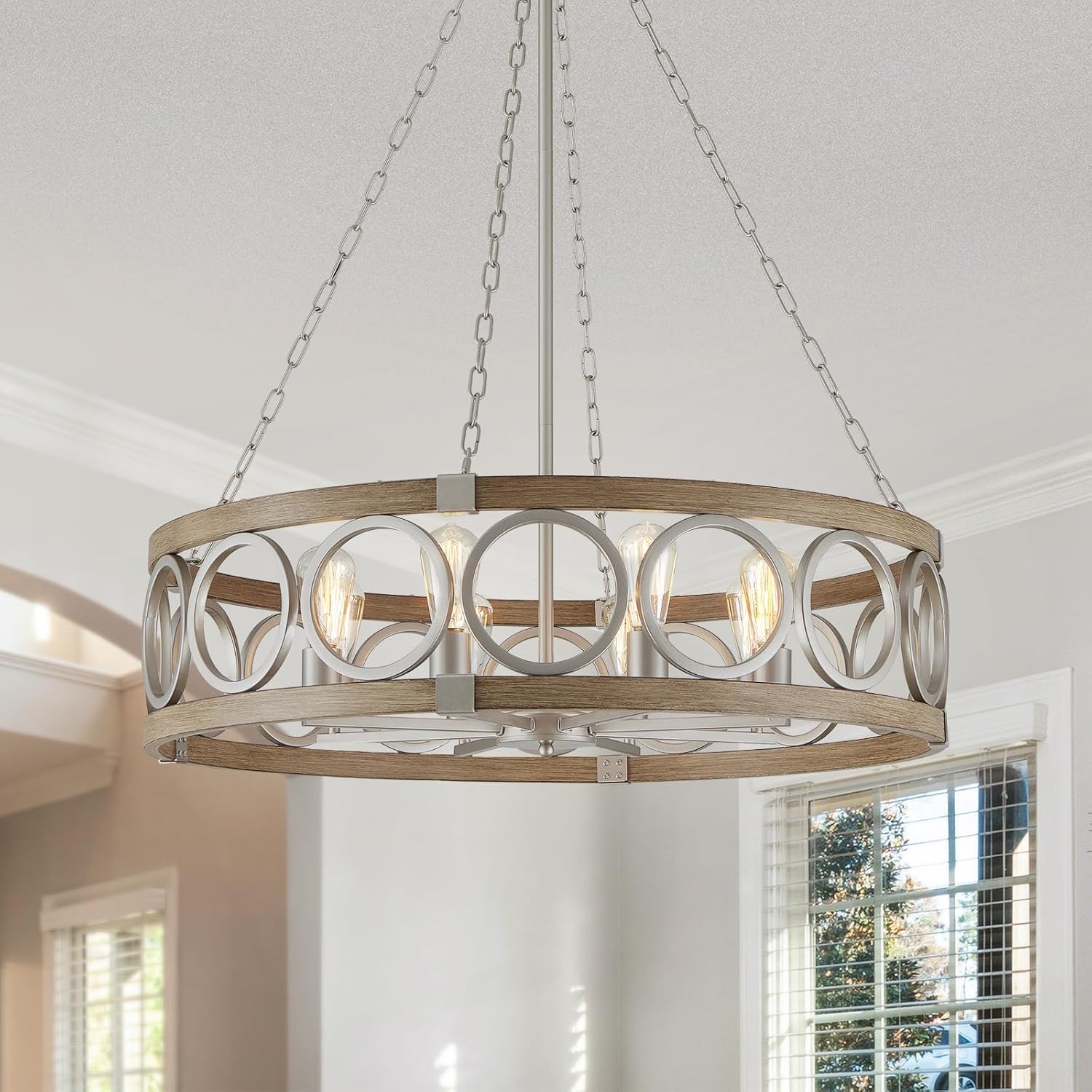 Adjustable Farmhouse Black Chandelier — 3-Light — Nickel Wood Grain Finish-8 Light