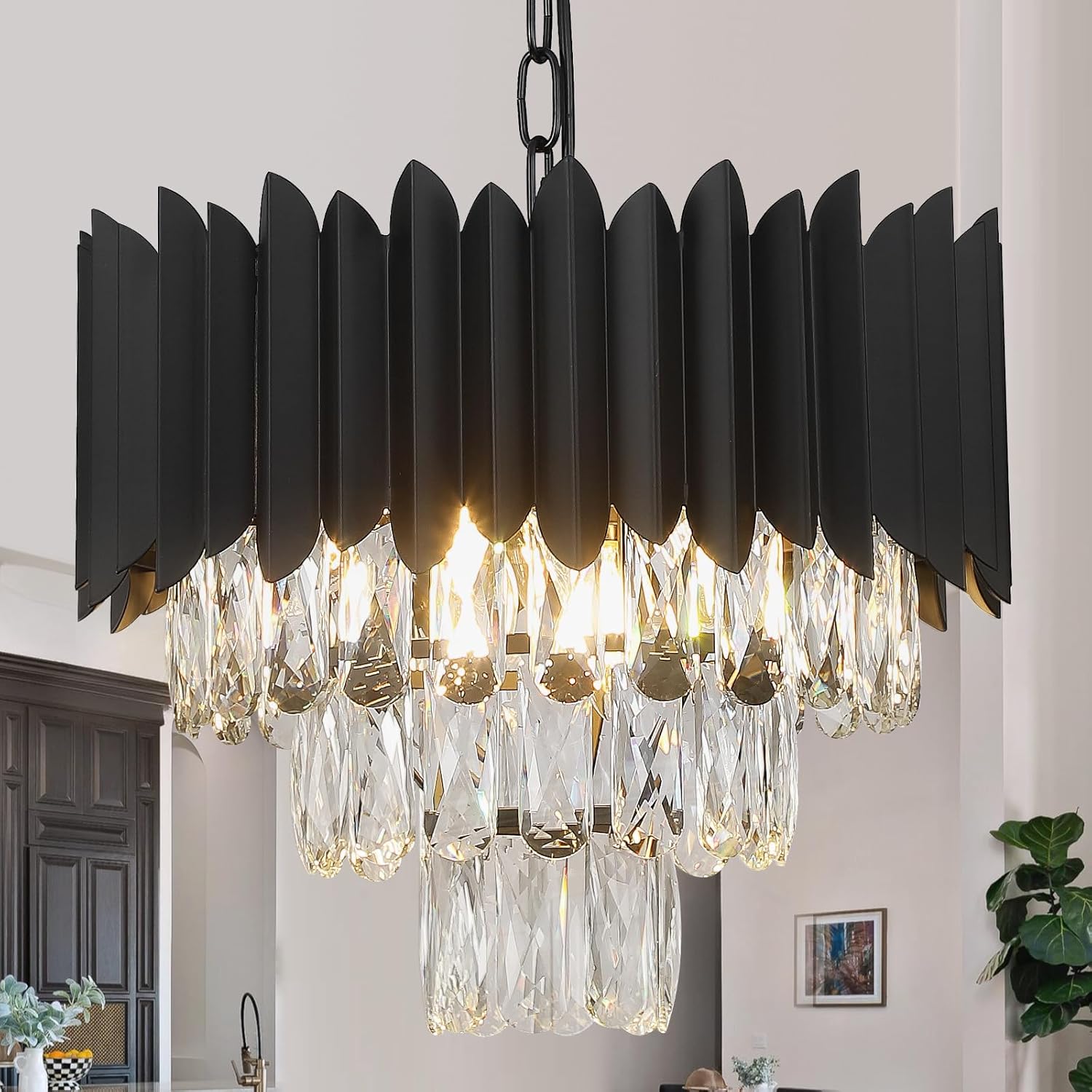 Round Luxe Black Chandelier — 30" — Black & clear crystals