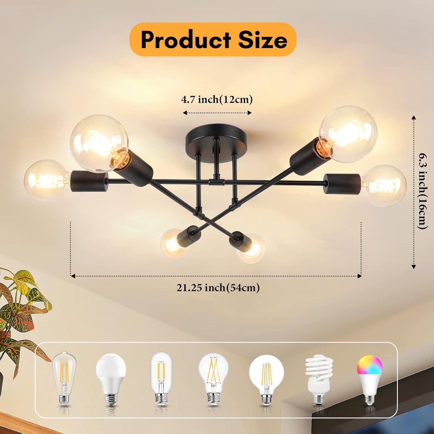 Modern Black Chandelier — 6-Light - View 9