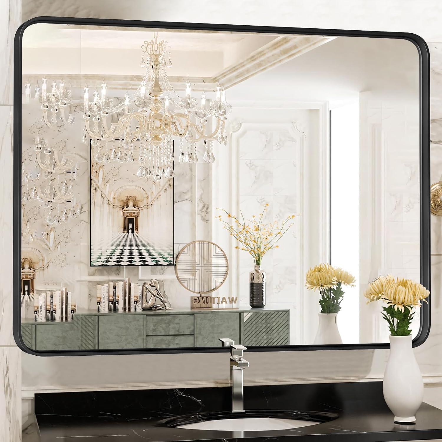 Framed Luxe Black Mirror — 36" — Black-rect