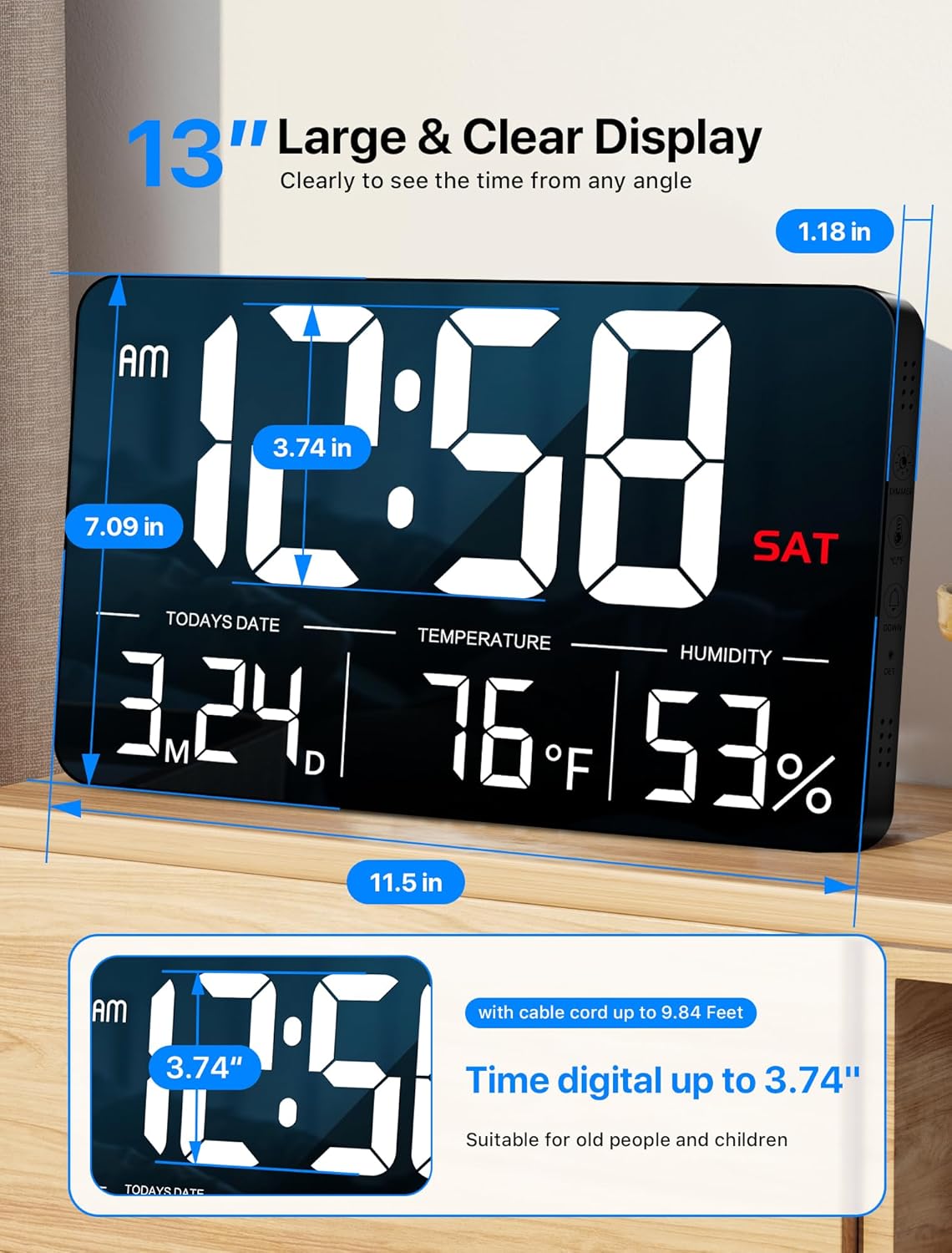 Adjustable Black Wall Clock — 13" - View 2
