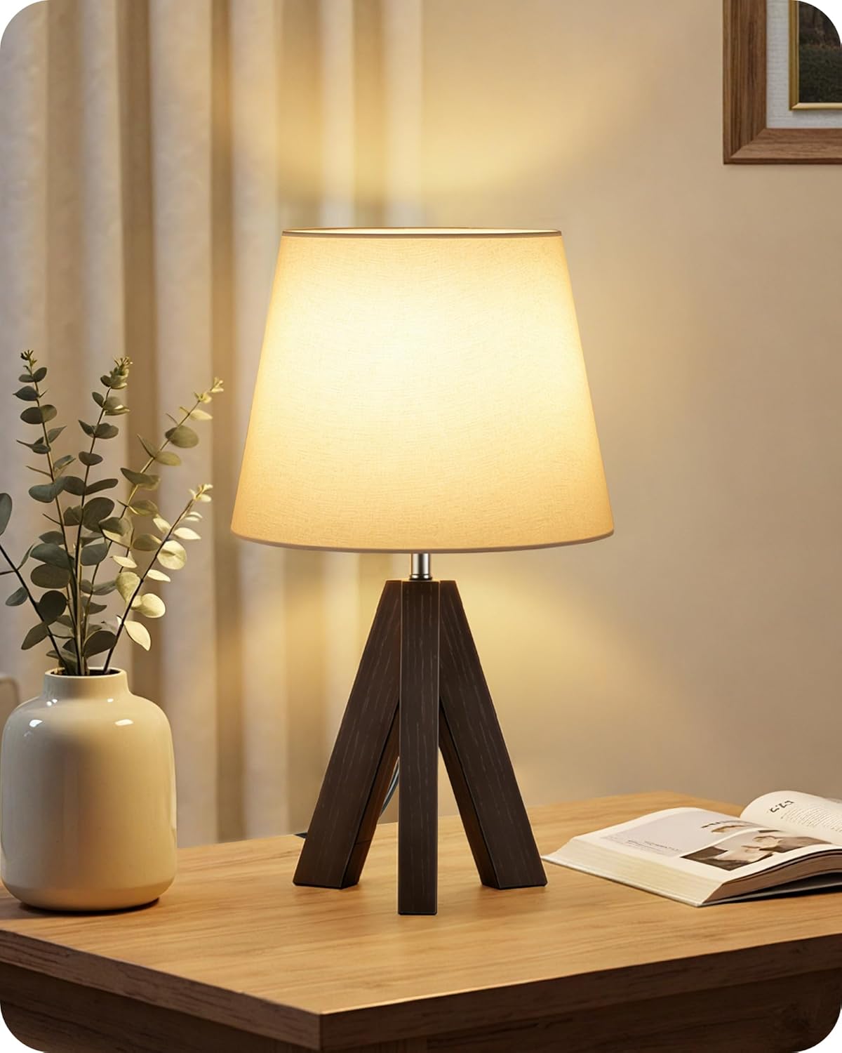 Linen Modern Beige Bedside Lamp — 6" — White+Dark Walnut