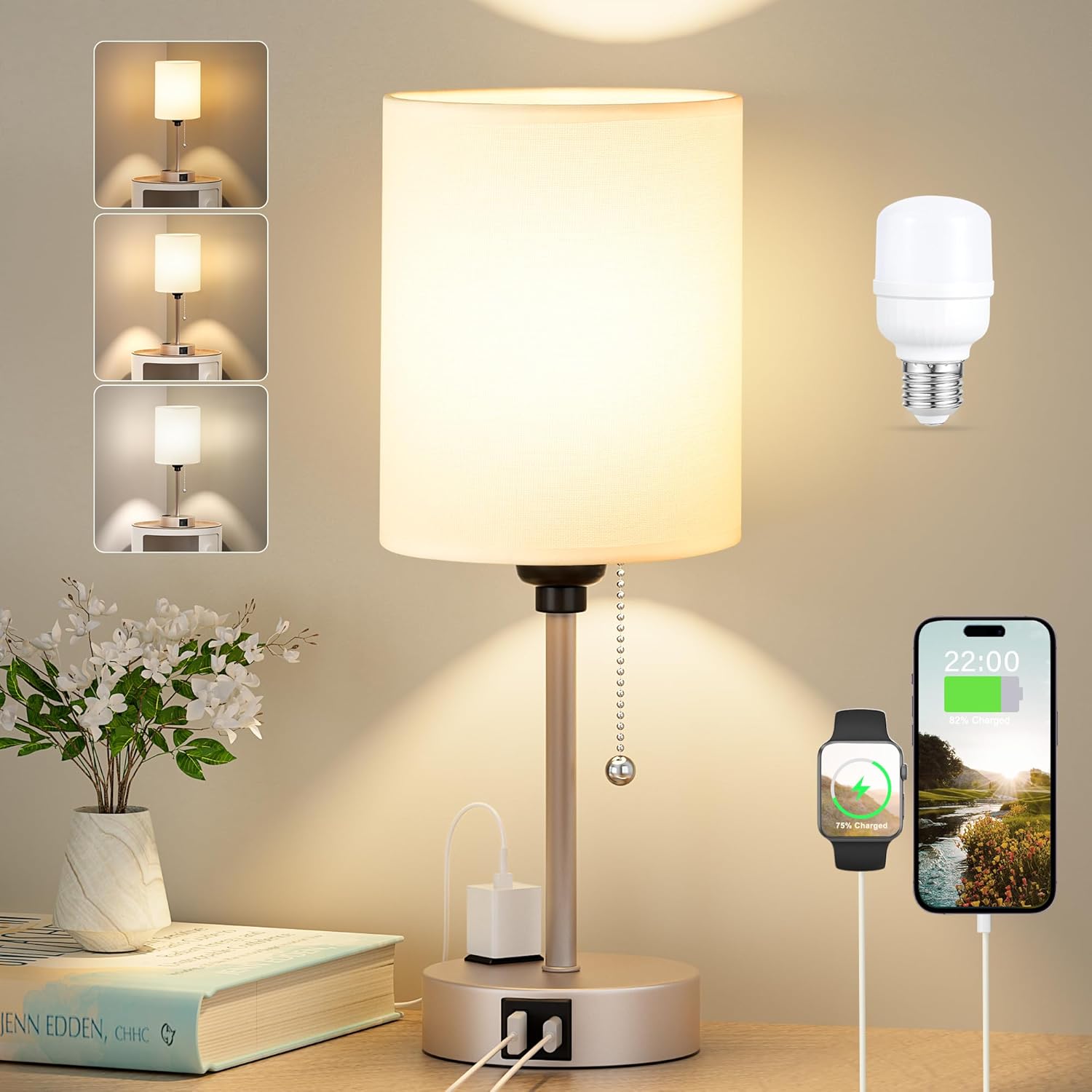 USB Beige Bedside Lamp — 14.6 in